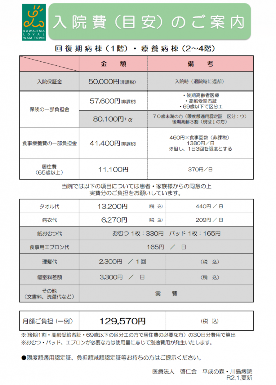 川島病院料金表